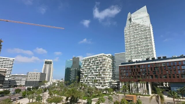 Timelapse video for Casa Finance City. CFC buildings outdoor on a sunny day. Casablanca, Morocco
