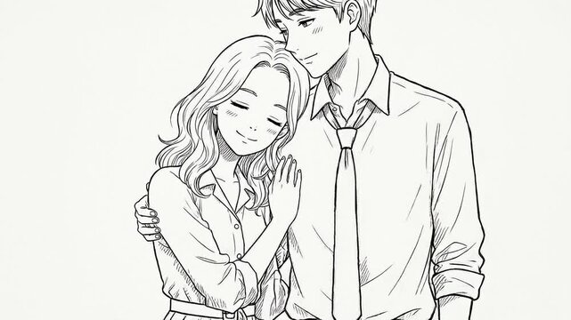 Charming illustration capturing the tender embrace of a young couple, symbolizing love, romance, and sweet affection shared between two people in a heartfelt moment