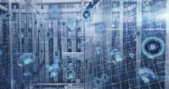 Animation of mathematical equations and multiple round scanners against computer server room