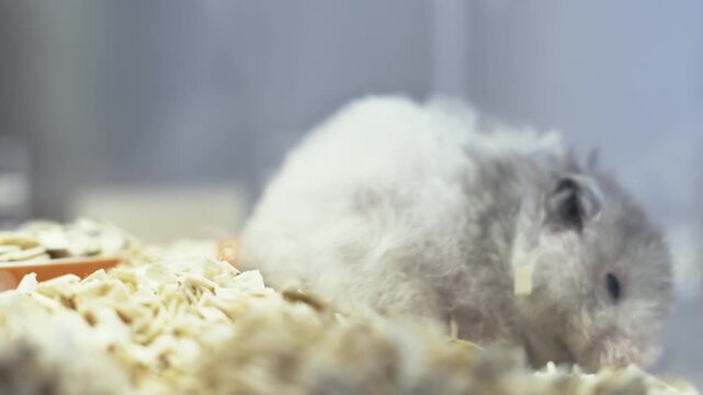 Close-up of a fluffy grey and white hamster yawning with its mouth wide open, showing teeth. The small rodent is resting on soft wood shavings in its cage. Cute pet lifestyle concept.