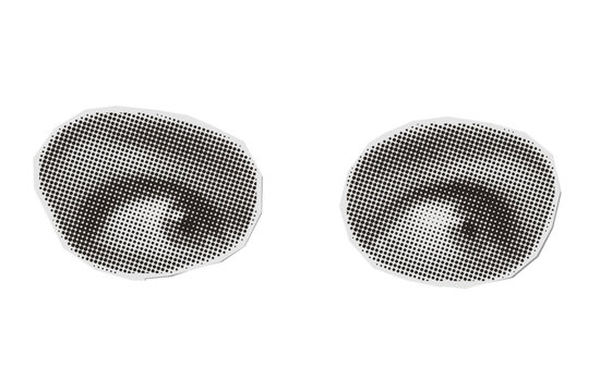 Retro halftone eyes cutout elements. Vintage newspaper pop art collage vector illustration. Grunge anonymous vision and surveillance concept for modern brutalist zine poster or punk design.