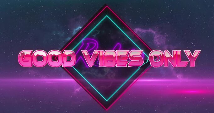 Neon retro text animation flickers on a diamond amid purple smoke and starry night sky.