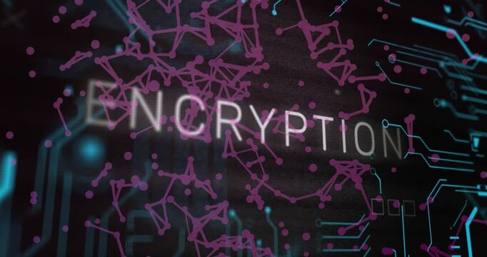 Animation of encryption text, x symbol, circuit board pattern, floating dots forming abstract shapes