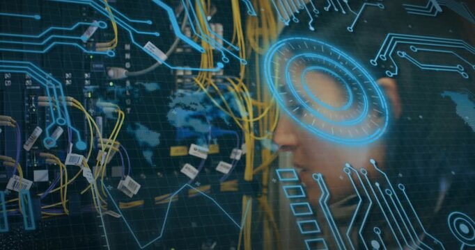 Animation of scope, data processing with computer circuit board over it engineer