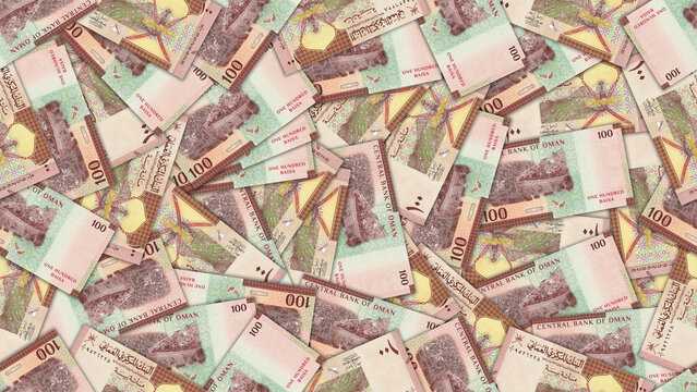 Financial illustration. Seamless pattern. Randomly scattered 100 baisa banknotes, Sultanate of Oman. Omani money. Textured background or wallpaper. Obverse and reverse