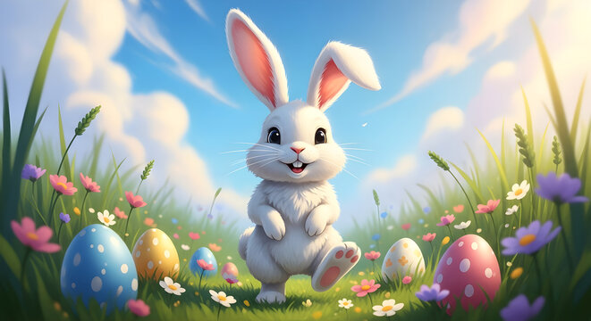 Easter sunday celebration with happy bunny and colorful eggs in blooming garden