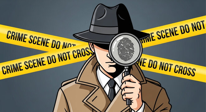 Detective examining fingerprint at crime scene with caution tape.