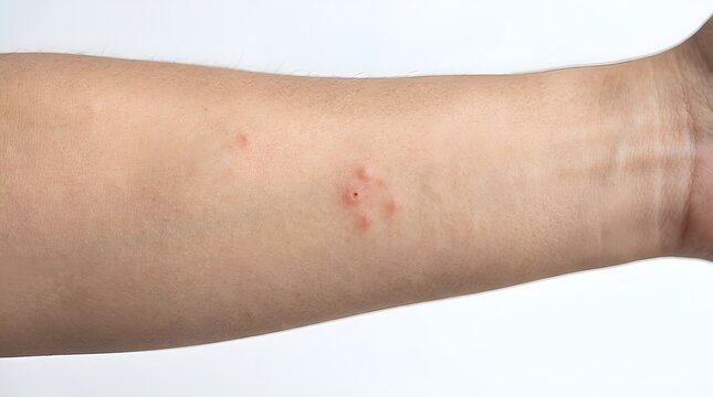 Close-up of Red Insect Bites or Rash on Human Arm Skin