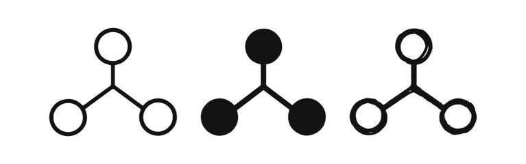 Simple Network Connection Diagram Icons. Three-Node Hub and Spoke Structure in Line, Solid, and Hand-Drawn Styles. © ICONS FOR YOU