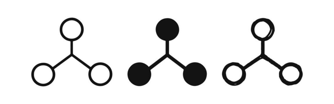 Simple Network Connection Diagram Icons. Three-Node Hub and Spoke Structure in Line, Solid, and Hand-Drawn Styles.