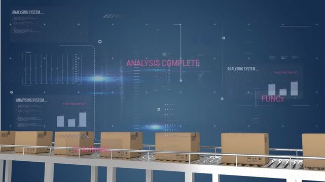 Animation of interface with data processing over boxes on conveyer belt against blue background