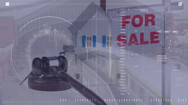 An animation of a house for sale sign and a house on a white background