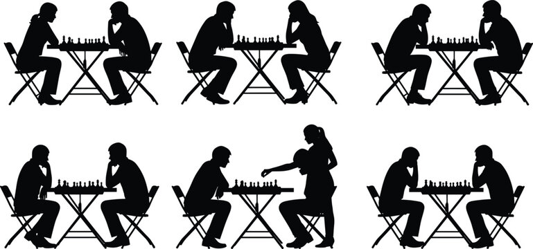Chess players silhouette set, people playing chess at table, strategy game scenes, competition concept, black isolated figures illustration collection