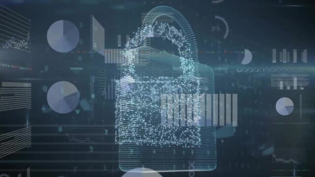 Animation of network padlock over data processing and charts on black background