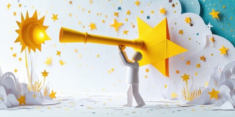 Fototapeta premium Papercraft figure views stars through telescope. Bright sun, star shapes create whimsical scene. Exploration, dreams, hope visualized.