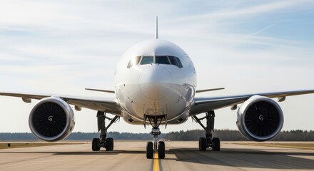 Fototapeta premium Commercial airplane on airport runway, front view of white passenger jet with large engines, aviation transport and global travel concept