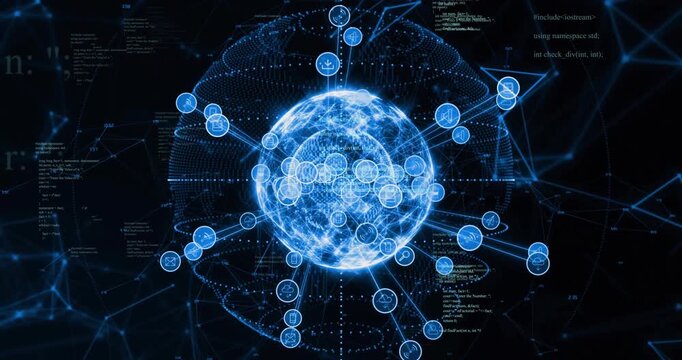 Global network connections and data processing animation over digital globe