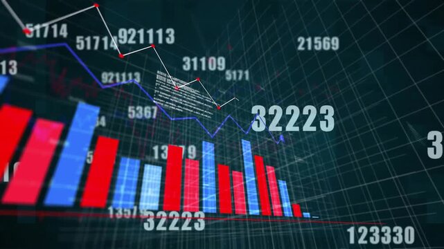 Bar and line charts with numerical data animation over dark grid background