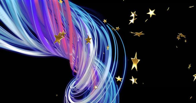 Colorful swirling lines and golden stars animation on black background