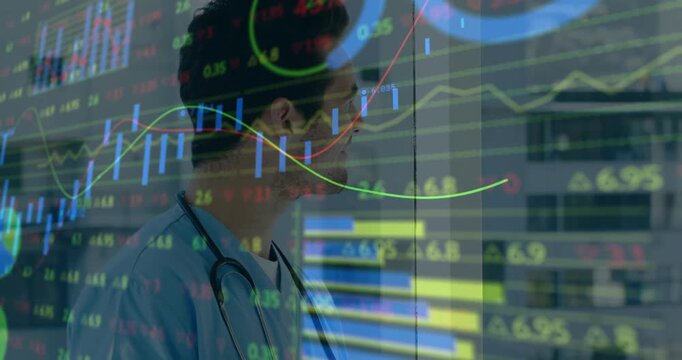 Financial data charts and graphs animation over doctor in hospital