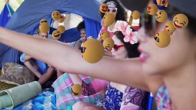 Camping with friends, playful emoji animation overlay, having fun outdoors