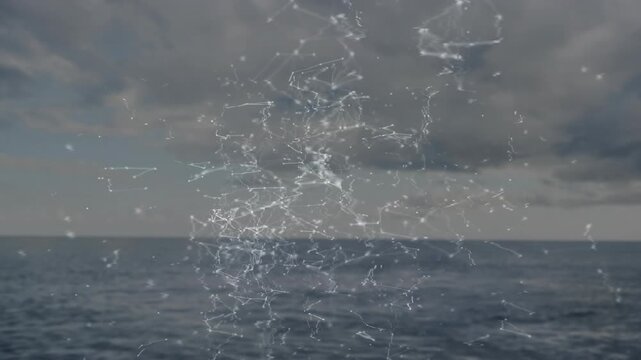 Network of connections and data processing animation over ocean under cloudy sky