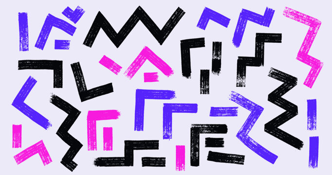 Set of zig zag lines, triangles vector. Simple monochrome geometric shapes in memphis retro style. Hand drawn brush strokes with isolated black, red elements for abstract patterns, modern design use.