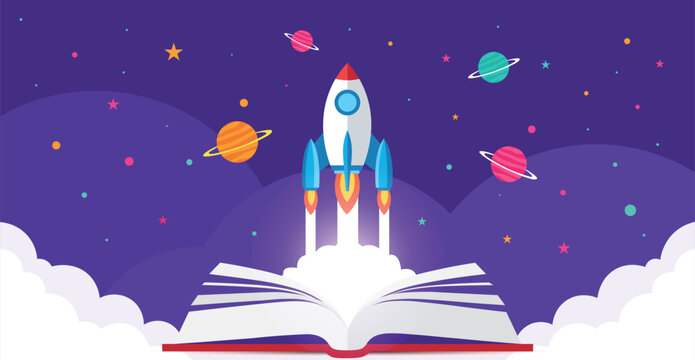 Rocket ship blasting off from an open book into a starry night sky with planets