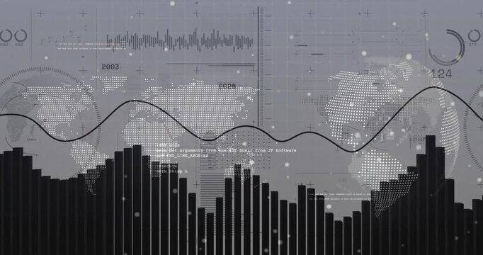 Dashboard starting with dotted map and rotating globe animating bars sine-wave ring showing trends