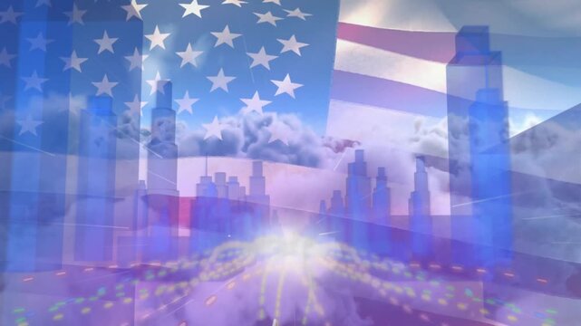 Glowing light spawning yellow path toward skyline US flag waving icons representing market growth