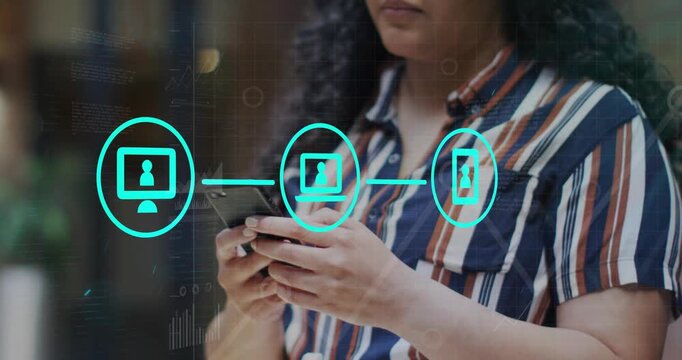 Adult woman scrolling smartphone causing icons appearing, graphs animating, enabling tech sync