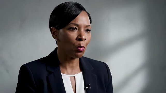Focused Determination: A close-up portrait of a professional woman exuding confidence, her gaze intent and voice articulate. She is dressed in a smart business attire against a simple backdrop.