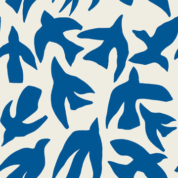Abstract seamless pattern with stylized bird silhouettes in bold blue on a light background. Clean organic shapes create a modern look, perfect for textiles, wallpaper, packaging, and decor
