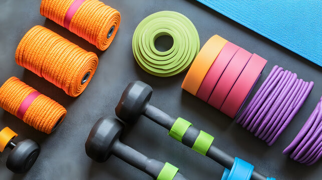Fitness equipment set with dumbbells and resistance bands on gray background with workout and exercise