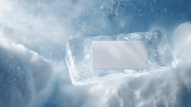 Blank white card inside a large block of clear ice, surrounded by frosty blue and white textured ice, with cold, fresh light reflection