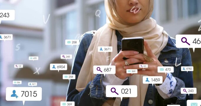 Woman tapping phone, search and notification badges multiplying over phone, showing social metrics
