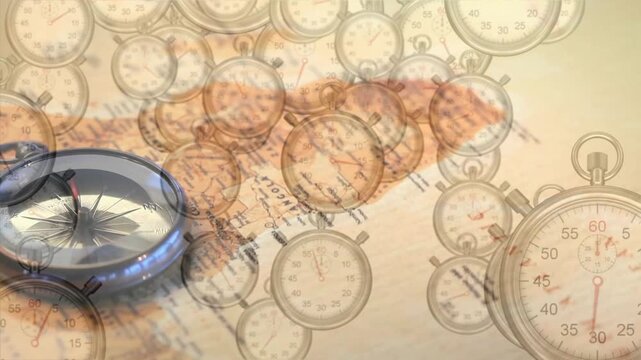 Faint stopwatch appearing, watches drifting, scaling, fading on map, compass rotating, showing time