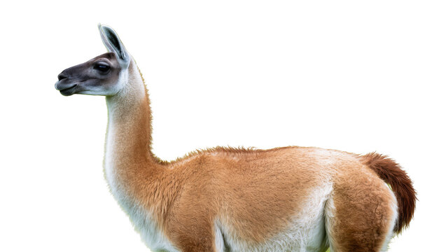 A guanaco stands calmly looking left, showcasing its unique fur and graceful neck