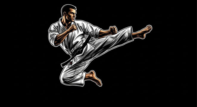 Dynamic Karate Practitioner Executing a Flying Side Kick with Intense Focus.