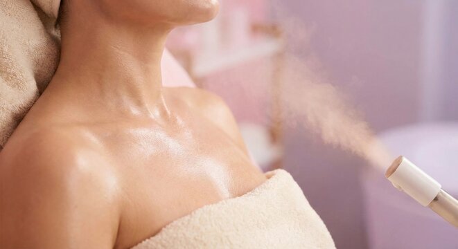 Woman receiving steam treatment on neck and decolletage