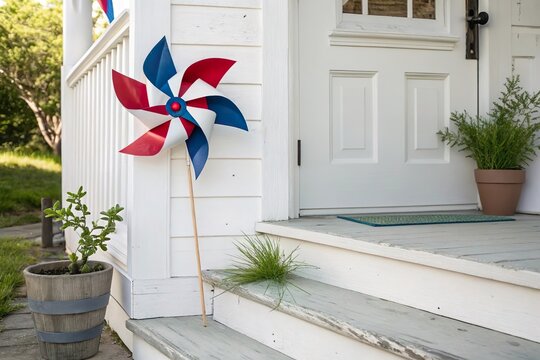 Patriotic pinwheel standing by front porch of white house. Independence day home decoration