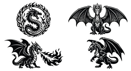 Obraz premium A vintage black silhouette set featuring tribal tattoo designs of floral patterns, butterflies, and birds with nature-inspired elements for decorative vector art