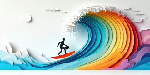 Obraz premium Papercraft depicts businessman surfing colorful wave. Moonlight shines above ocean, creating surreal scene.