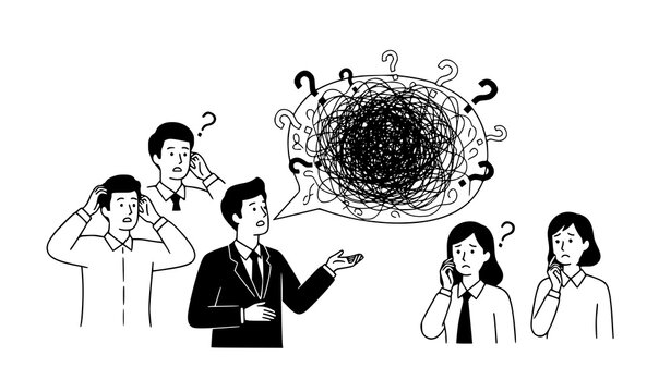 Miscommunication confused team discussion scribble speech bubble vector illustration