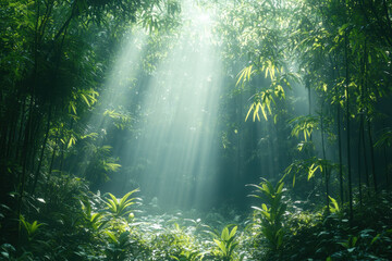 Obraz premium Sunbeam cutting through dense jungle foliage.