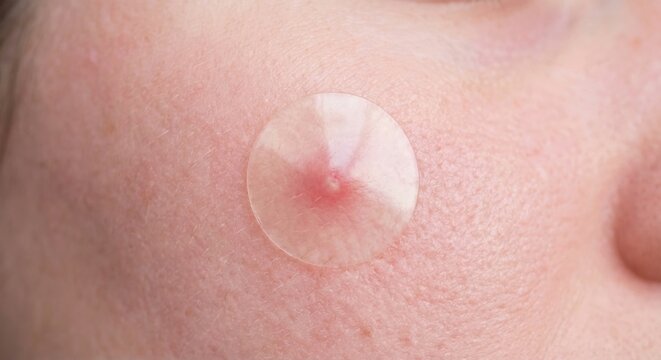 Hydrocolloid pimple patch on red blemish on cheek