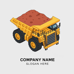 Isometric illustration of a large yellow mining dump truck carrying a load of dirt and rocks, suitable for industrial or construction themes. © Rega