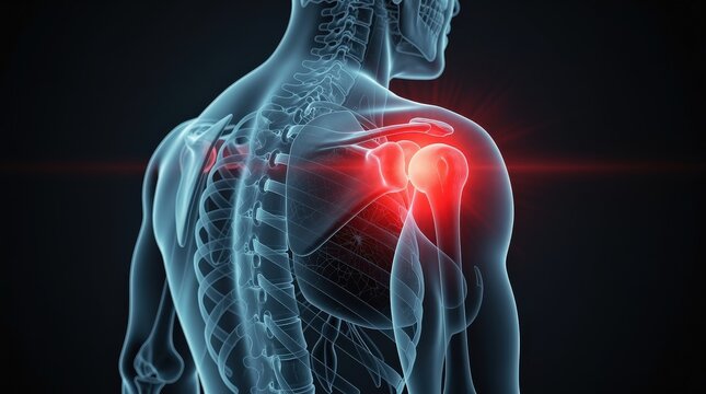Transparent anatomical view of the human upper back and shoulder highlighting the shoulder joint with a red glow indicating pain or injury.