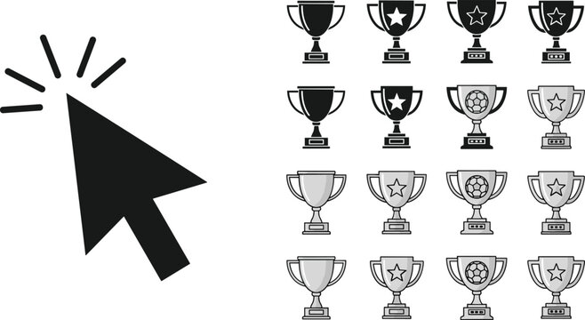 Black computer mouse cursor arrow click icon with a comprehensive collection of trophy cup award symbols for digital success and gaming achievements.