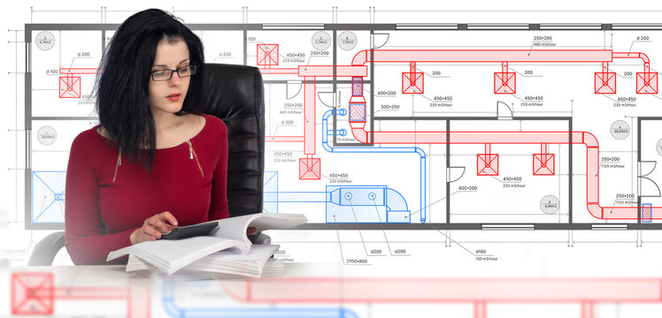 Engineering design, specialist reviews technical blueprints and calculates ventilation system parameters. Office planning and HVAC project documentation analysis.